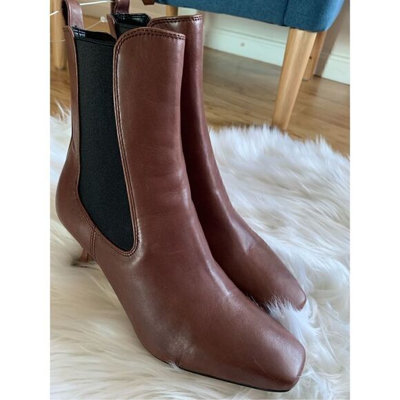 Sam Edelman Lani Brown Leather Square Toe Spool Kitten Heel Bootie Sz 7m - Picture 1 of 7